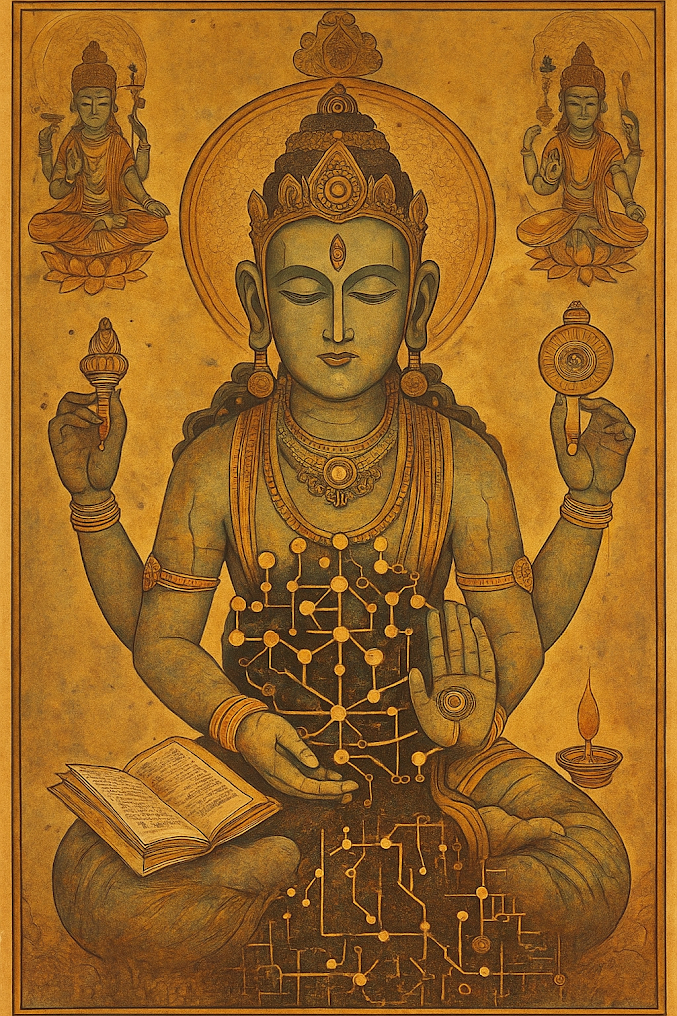 A detailed illustration of a divine figure seated in meditation, combining traditional Indian sacred art with digital circuit motifs, holding sacred symbols and an open book, with glowing neural-network patterns running across the body.