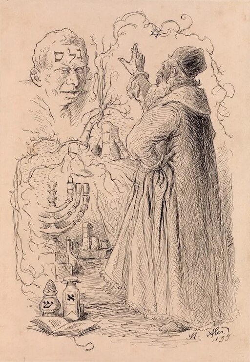 A 19th-century ink illustration showing Rabbi Loew gesturing toward the Golem's head, inscribed with Hebrew letters, surrounded by mystical symbols and smoke - a visual metaphor for creation through sacred language.