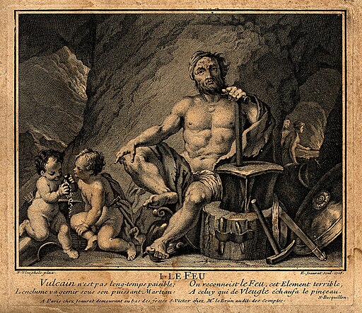 An 18th-century engraving depicting Hephaestus (Vulcan) seated beside his forge with tools, armor, and two small figures, symbolizing the god of fire and invention in Greek mythology.