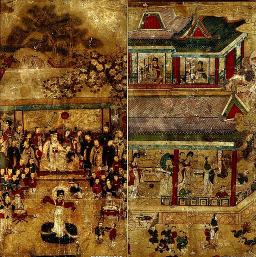 Ancient Chinese court painting showing King Mu of Zhou with attendants and the Queen Mother of the West, from an 8th-century scroll depicting legendary encounters between rulers and divine beings.
