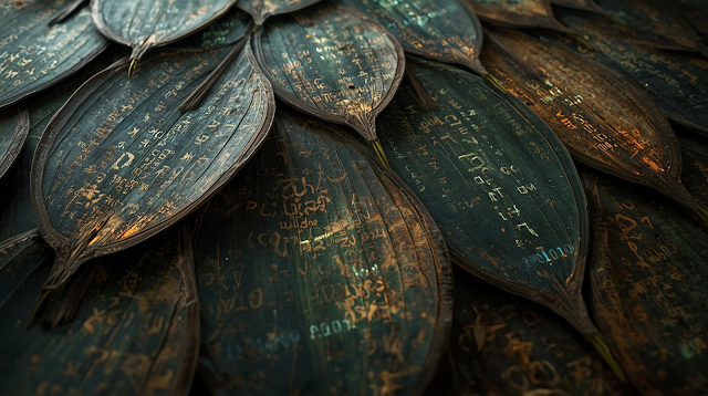 Digital artwork depicting metallic leaves engraved with runic and binary inscriptions, symbolizing the fusion of ancient mythic language and modern computational code.