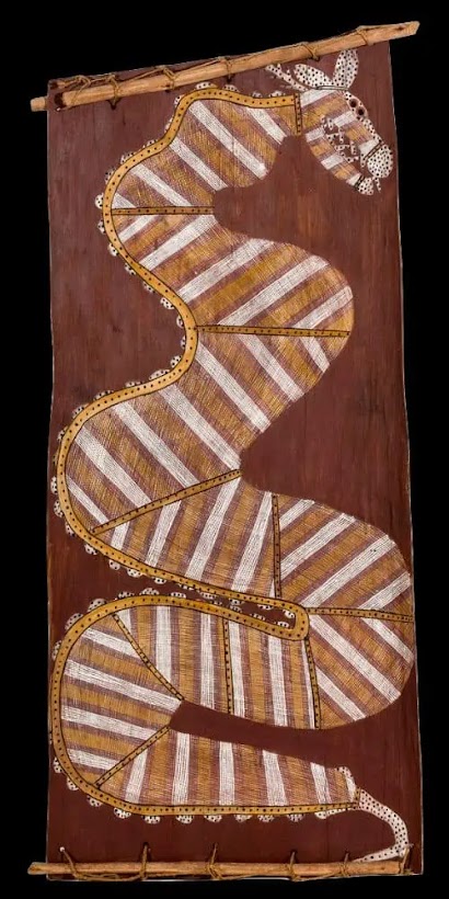 Bark painting of the Rainbow Serpent by Aboriginal artist Mick Kubarkku, featuring flowing white and ochre forms representing rivers and life-giving movement in Dreaming stories.