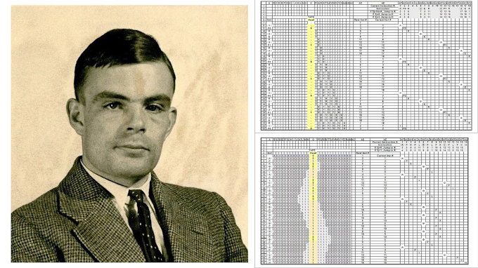 Alan Turing photographed at Princeton University in 1936, alongside diagrams of an early Turing machine.