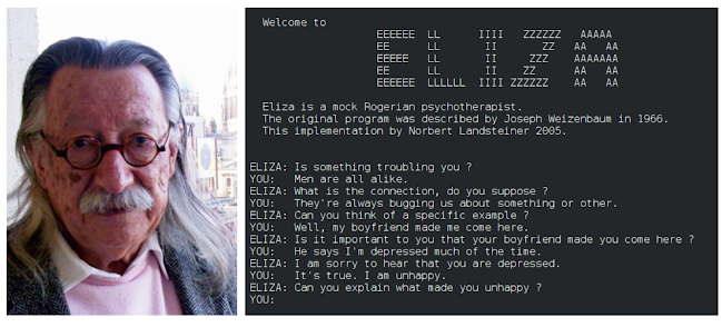 Joseph Weizenbaum, developer of ELIZA, alongside a screenshot of the program's text interface.