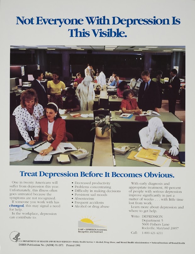 A 1991 NIMH public health poster depicting ghost-like office workers to illustrate how depression can go unnoticed.