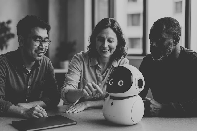 A team smiling while interacting with a friendly white robot in a modern office.